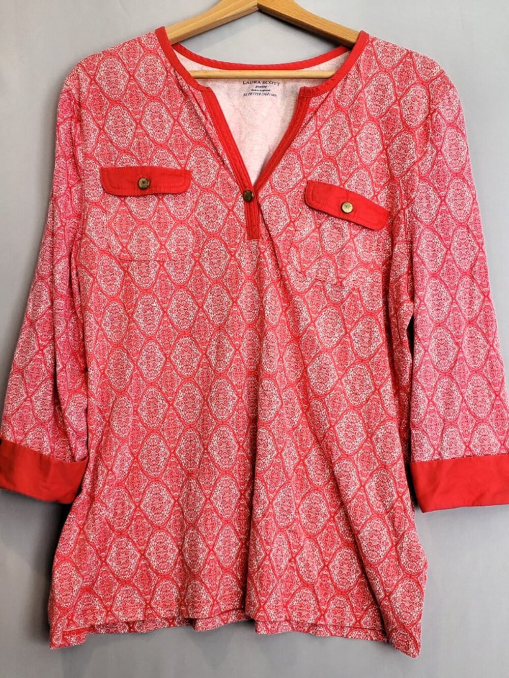 Laura Scott Women's Top Tunic PXL Pink Indian Batik V-neck Stretch Bright Boho